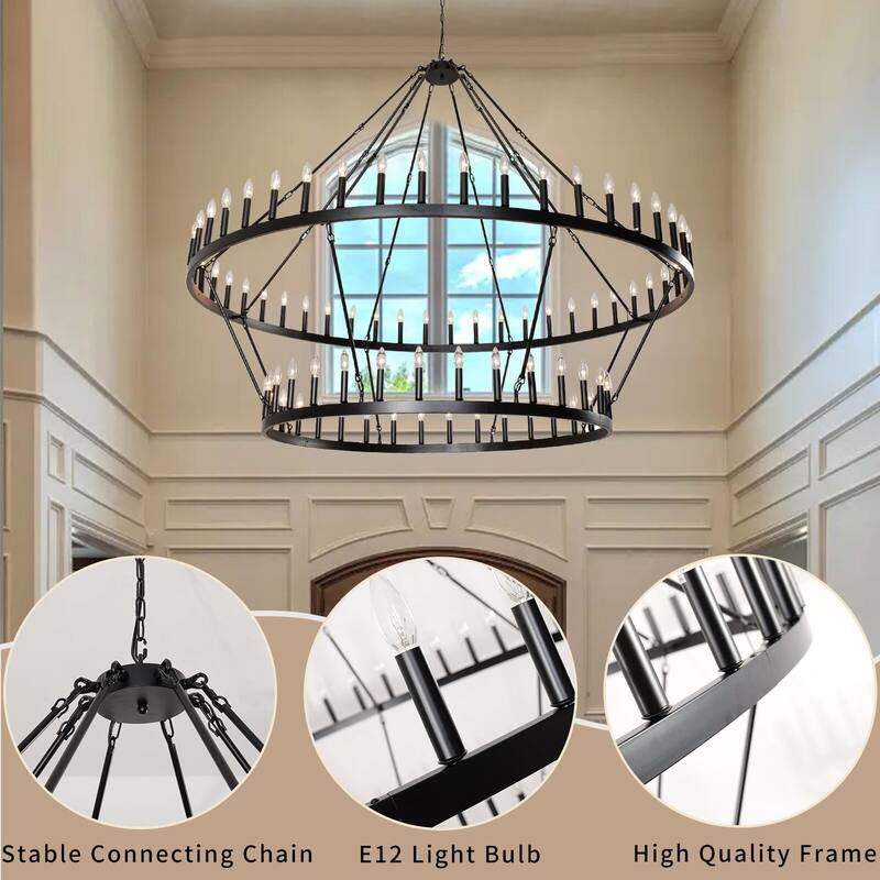 Black Large Wagon Wheel Chandelier 2 Tier 80-Light Farmhouse Chandelier - 53.1+78.7 inch