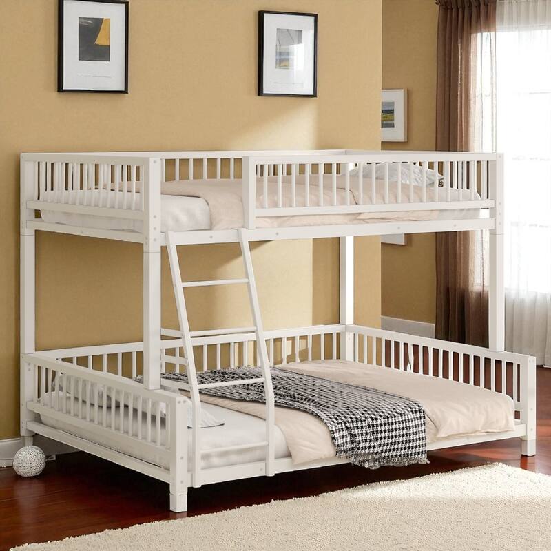 Metal Twin XL/Full XL over Queen Bunk Bed Frame with Ladder, Safety Rails, Space-Saving Floor Design - White - Full