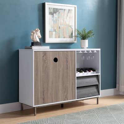 Wooden Cabinet with Drawers and Wine Display Rack, White, Dark Taupe and Distressed Grey