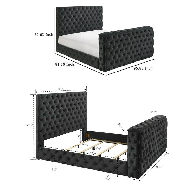 Meri King Bed with Lift TV Stand, Tufted Black Velvet Upholstery