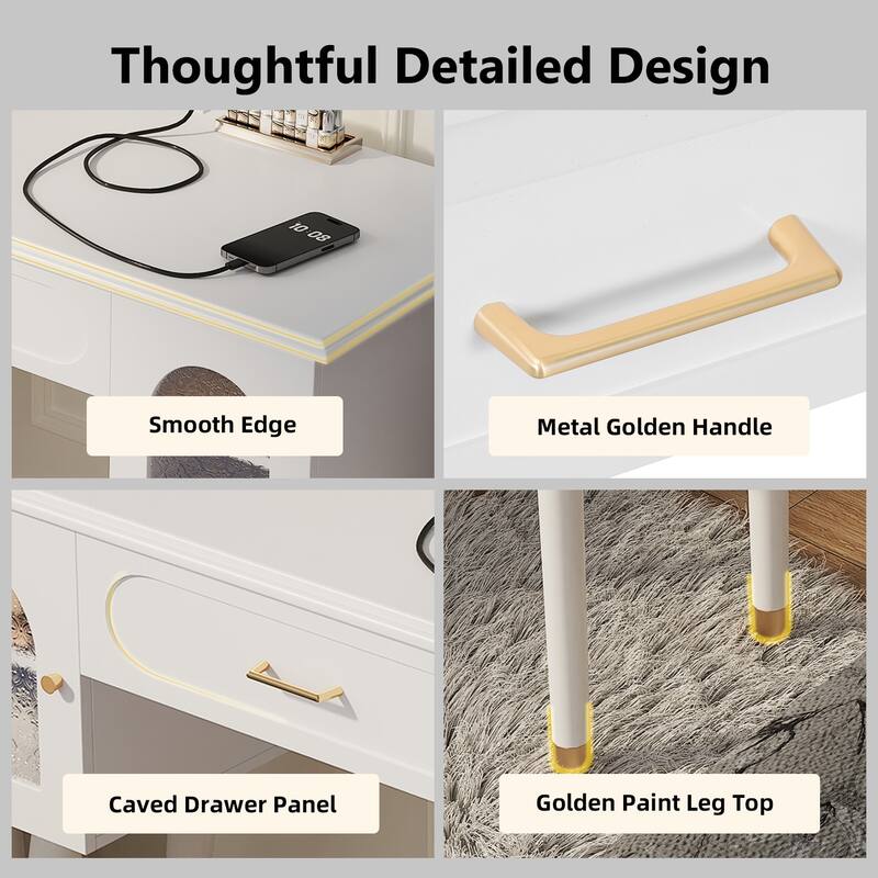 Vanity Makeup Table and Chair Set, Built-in Power Charging Station Dressing Table Writing Desk with Storage Organizer