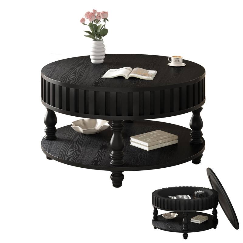 31.5" Farmhouse Round Fluted Coffee Table with Flip-Top Lids and Spacious Hidden Storage