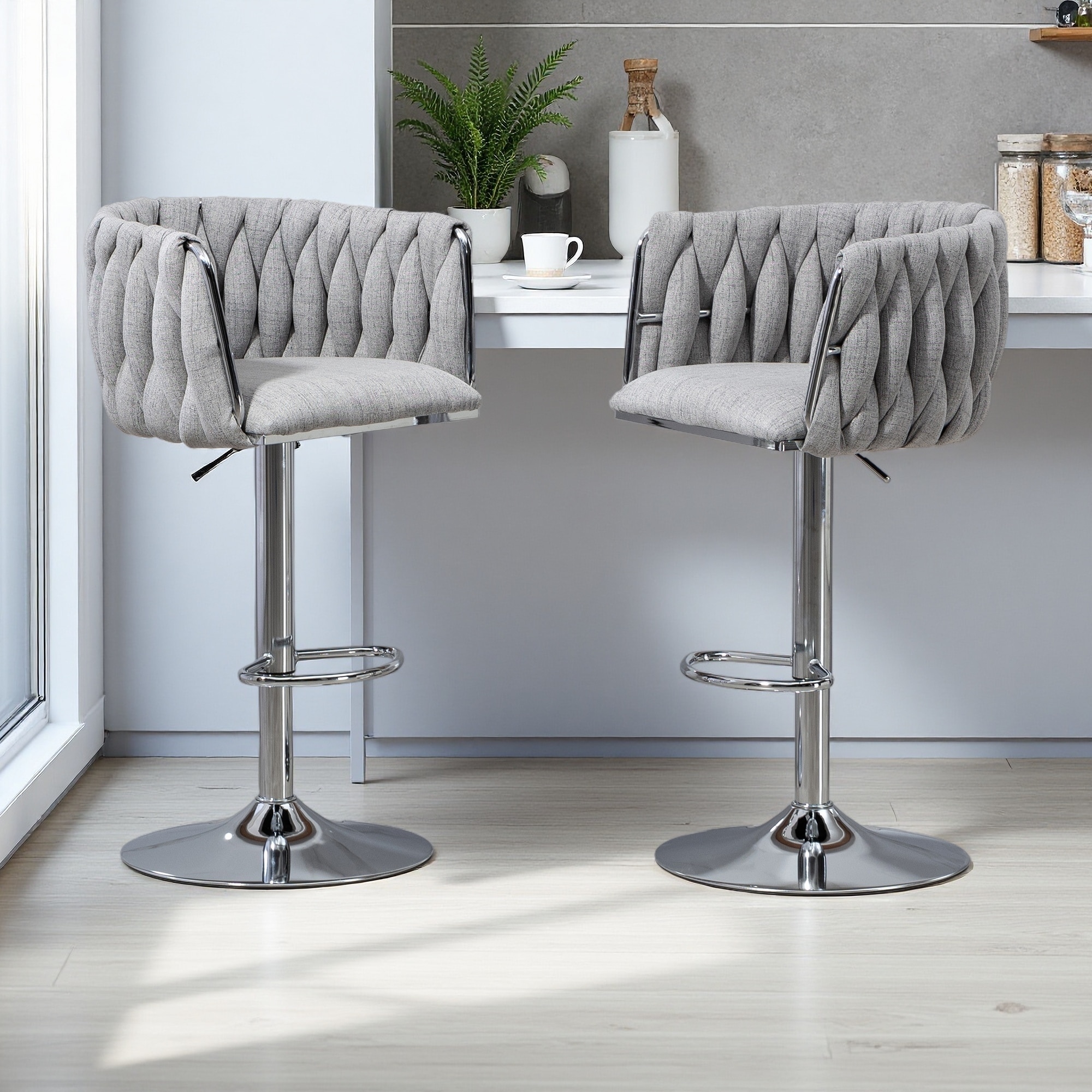 35"H Set of 2 Adjustable Fabric Swivel Bar Stools with Woven Backrest - 360° Counter Height Chairs with Chrome Base & Footrest