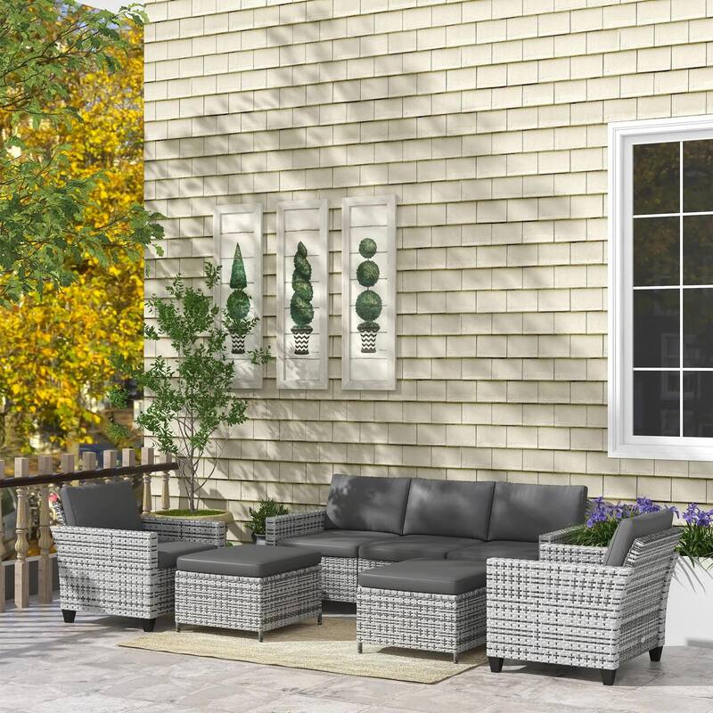 5PC PE Rattan Patio Set, Armchairs, Footstools, Cushions