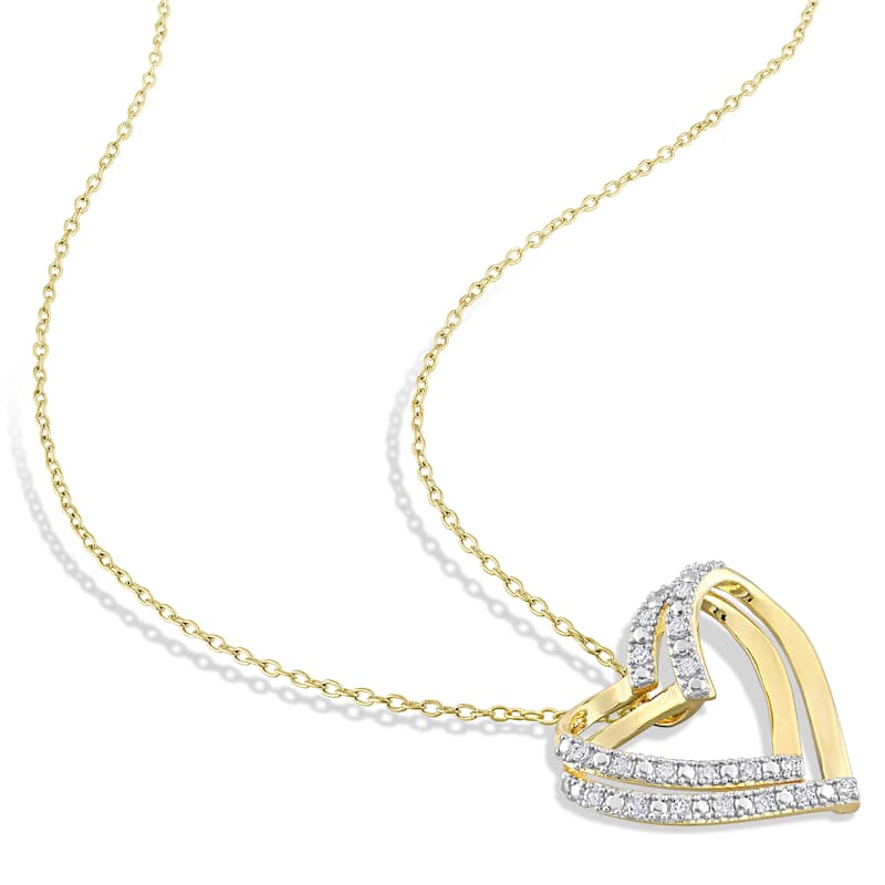 Miadora Yellow Plated Sterling Silver 1/5ct TDW Diamond Open Double Heart Necklace
