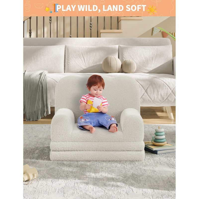 Kids Couch, 2-in-1 Convertible Teddy Fleece Fabric Toddler Sofa Chair