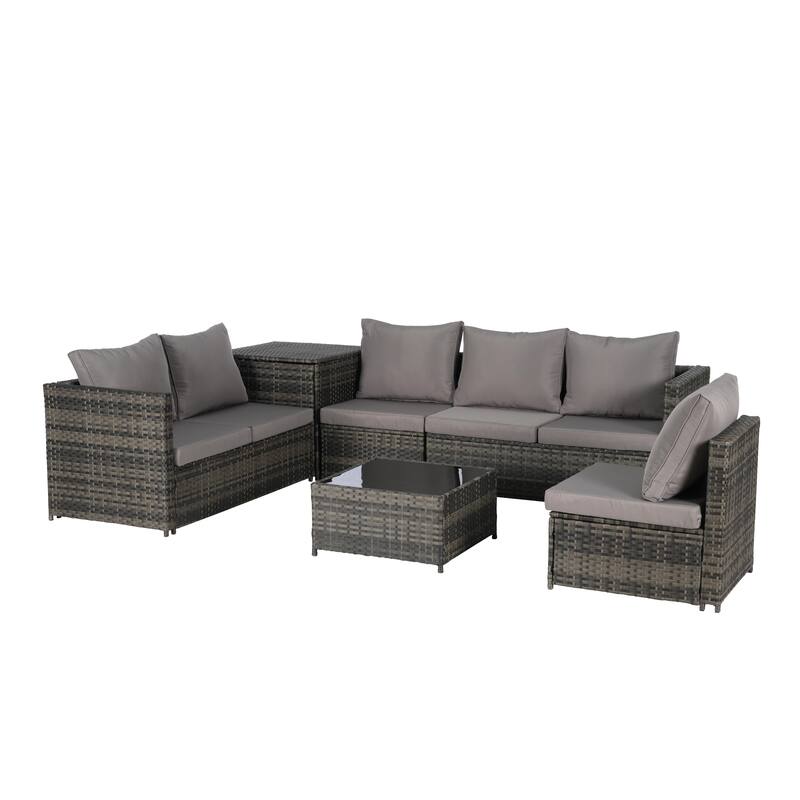 6-Piece Outdoor Wicker Sectional Patio Furniture Set with Storage Corner, and Tempered Glass Coffee Table