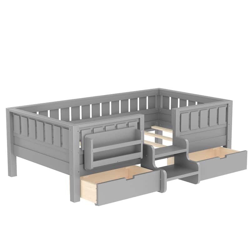 Multiple Colors Toddler Montessori Bed Children's Platform Bed with Low Profile Stairs, Built-in Bookshelf and Storage Drawers