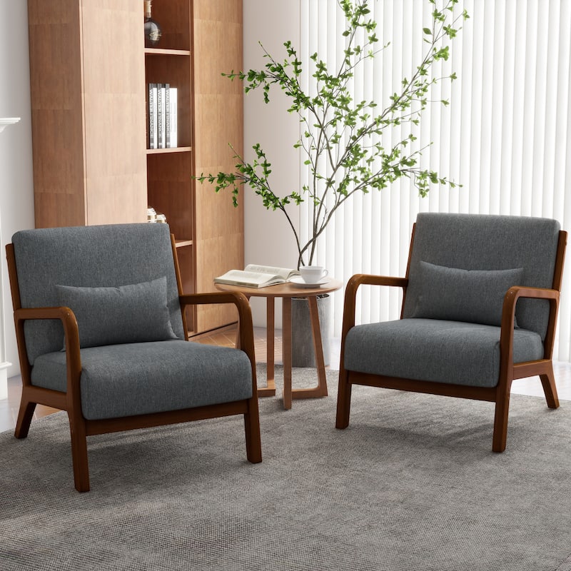 Upholstered Armchair Accent Chairs with Pillows Set of 2 - Brown Wood/Linen - Grey/Linen/Brown Wood