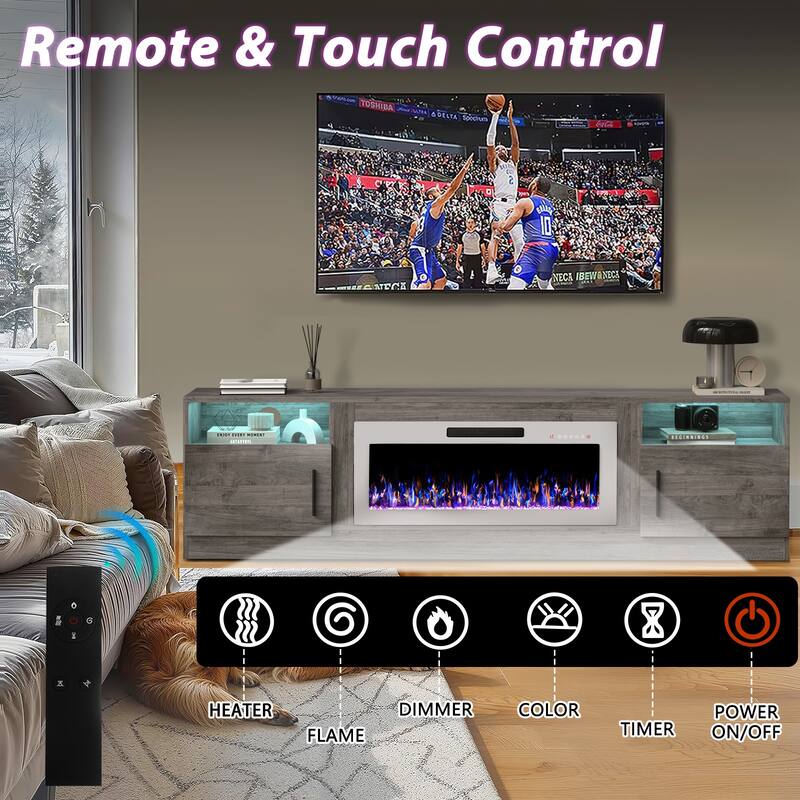 Bossin 80" Fireplace TV Stand with 36" Electric Fireplace, TV Stand for TVs Up to 90", 16 Colors LED Lights/Entertainment Center