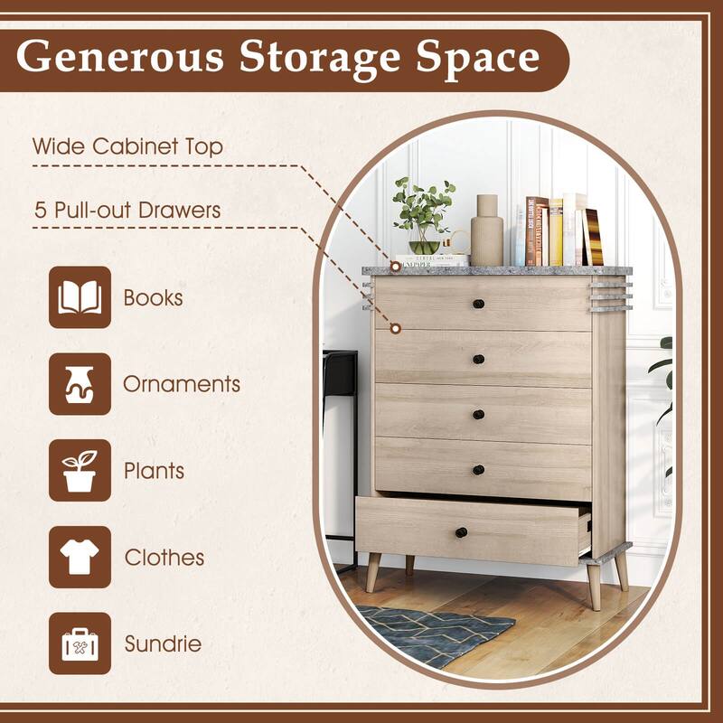 Costway 5-Drawer Dresser Farmhouse Chest of Drawers with Rubber Wood - See Details