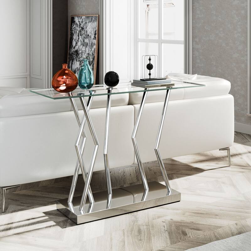 Tempered Glass Top Console Table, Entryway Sofa Table with Metal Base - 43.3"L x 15.8"W x 29.9"H - Silver