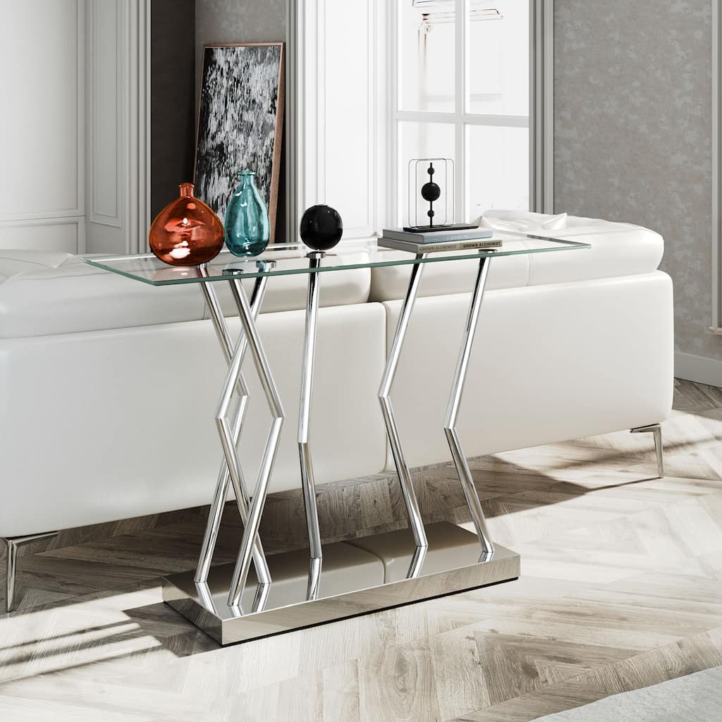Tempered Glass Top Console Table, Entryway Sofa Table with Metal Base - 43.3"L x 15.8"W x 29.9"H
