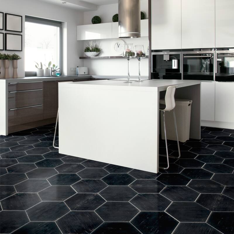 Merola Tile Retro Hex Nero 14-1/8" x 16-1/4" Porcelain Floor and Wall Tile