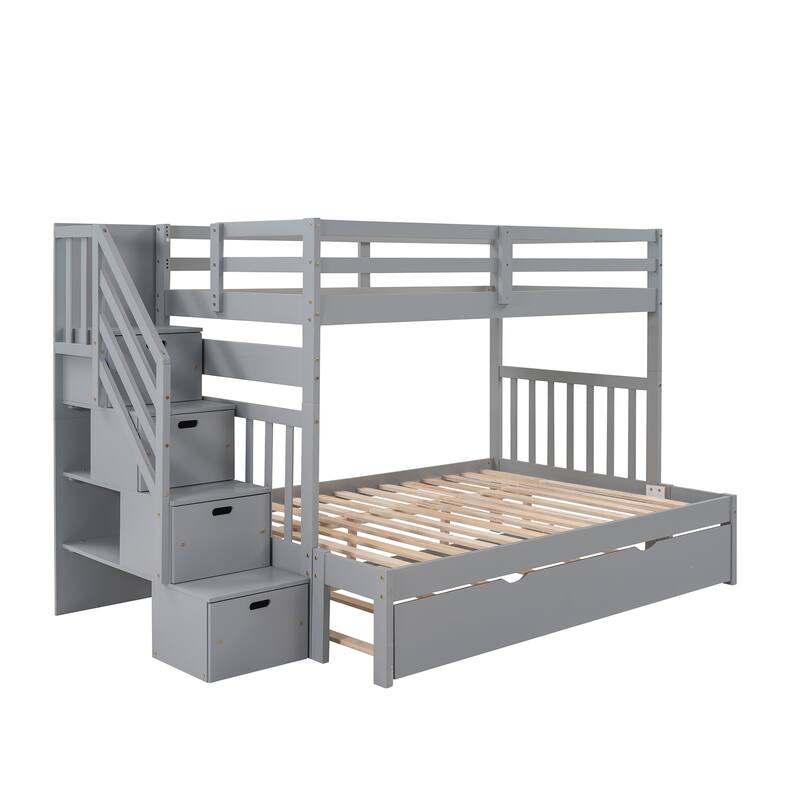 Twin Over Full Bunk Bed with Trundle and Staircase Storage Solid Wood