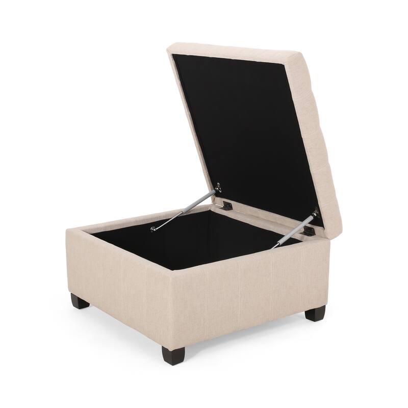 Upholstered Tufted Fabric Storage Ottoman with Birch Wood Legs