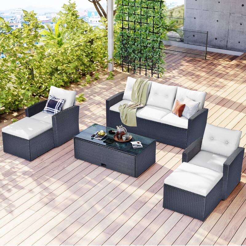 6-piece Patio Furniture Wicker Rattan Conversation Sectional Set with Table - Beige