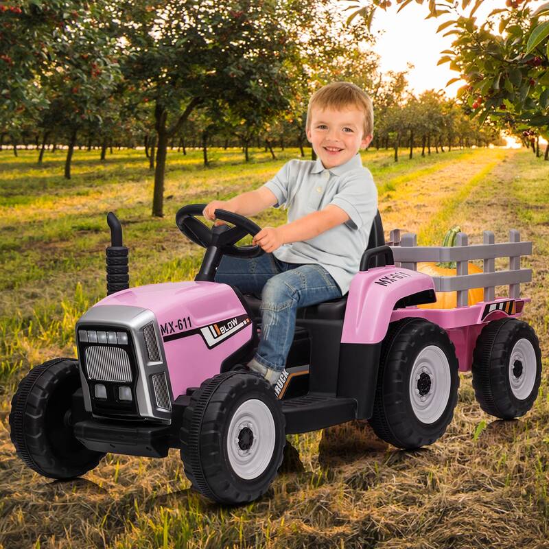 12V Kids Electric Tractor w/Remote Control Treaded Tires,Battery Powered Ride On Tractor with Trailer & 2+1-Gear-Shift