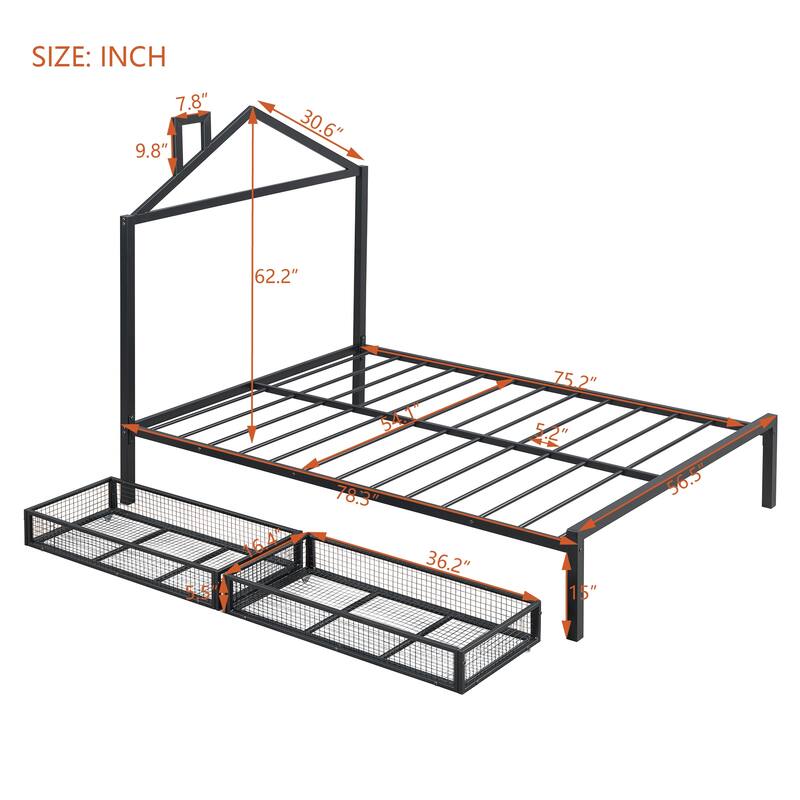 Metal House Platform Bed for Kids with Drawers, Twin Size