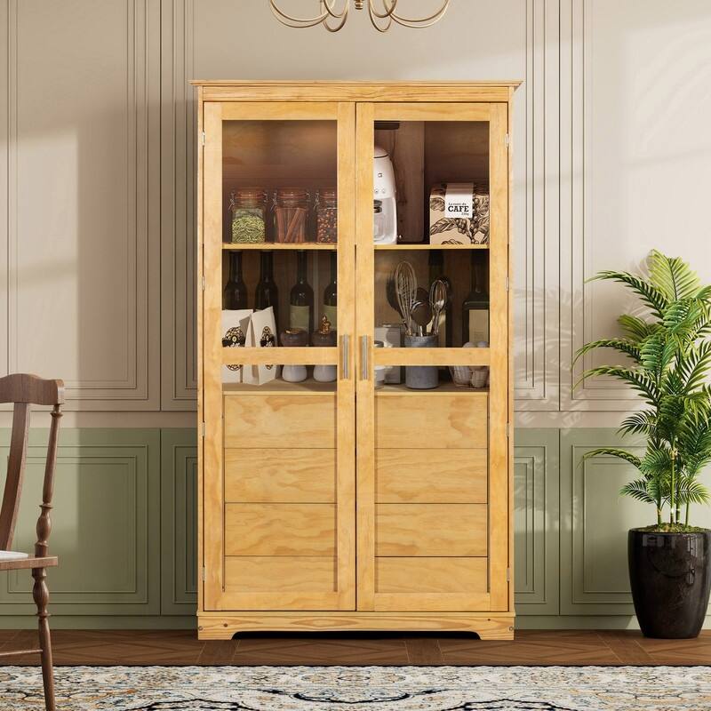 75" Tall Pine Wood Kitchen Pantry Cabinet with Glass Doors Four Drawers and Anti-Tipping Safety Features