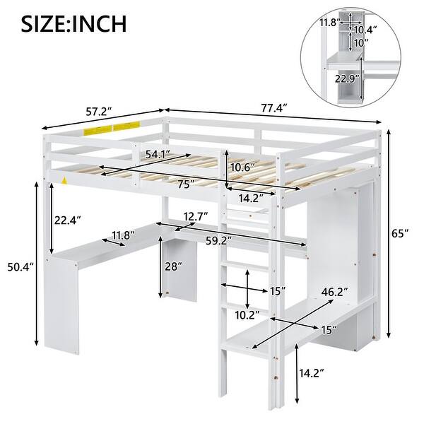 dimension image slide 0 of 2, Wood Loft Bed Frame with Storage Shelves,1 Cabinet and 2 Drawers,Full Size