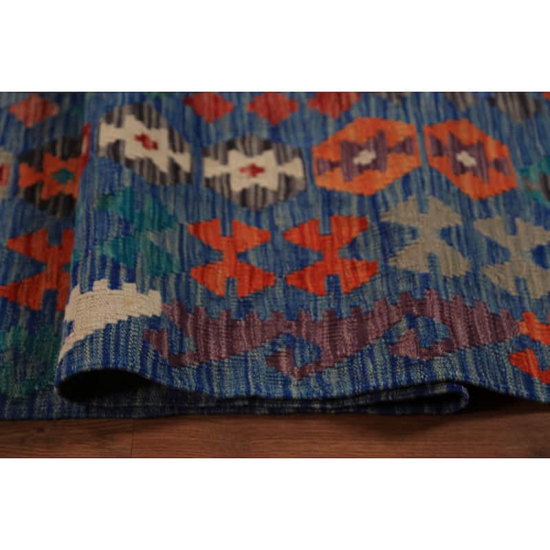 Reversible Blue Kilim Oriental Large Rug Flatweave Wool Carpet - 10'0"x 15'9"