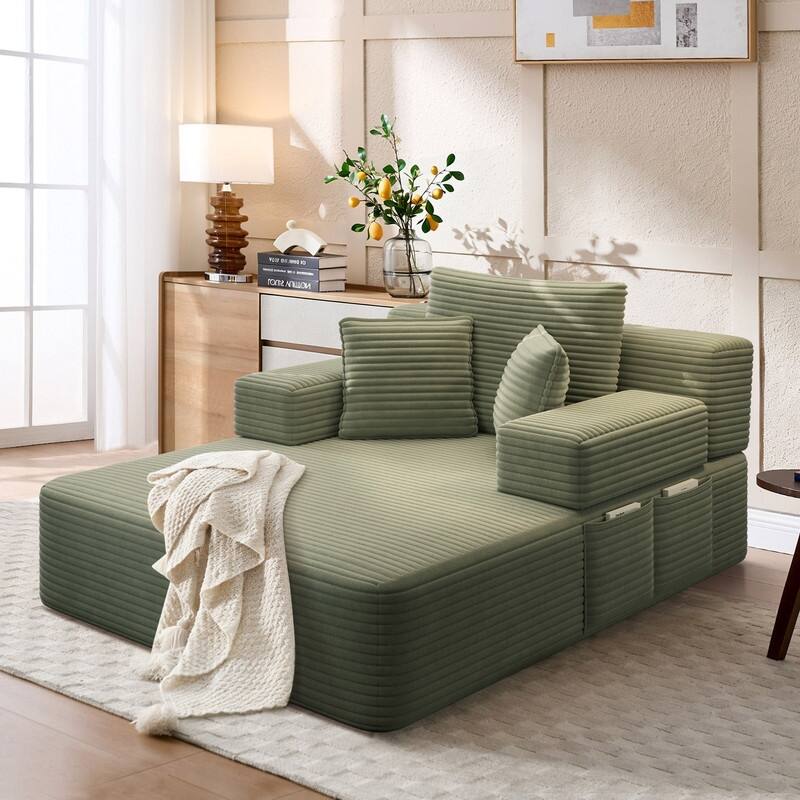 Luxurious Plush Corduroy Chaise Lounge Convertible Sofa Bed with Storage Pocket and Wide Armrests - Green