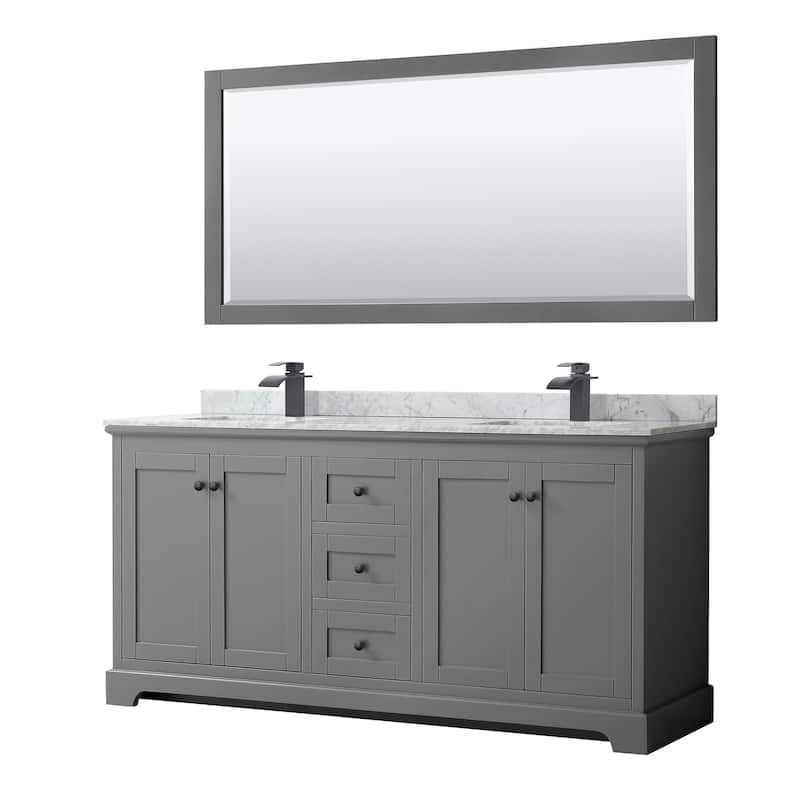 Wyndham Collection Avery 72" Free Standing Double Basin Vanity Set - Dark Gray / White Carrara Marble Top / Matte Black - Steel Finish