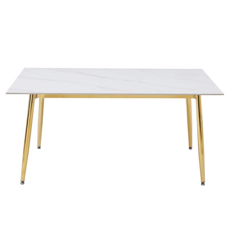 Zayle Modern Mid-Century Glass or Sintered Stone Rectangular Tabletop Dining Table with Powder-Coated Gold Steel Base