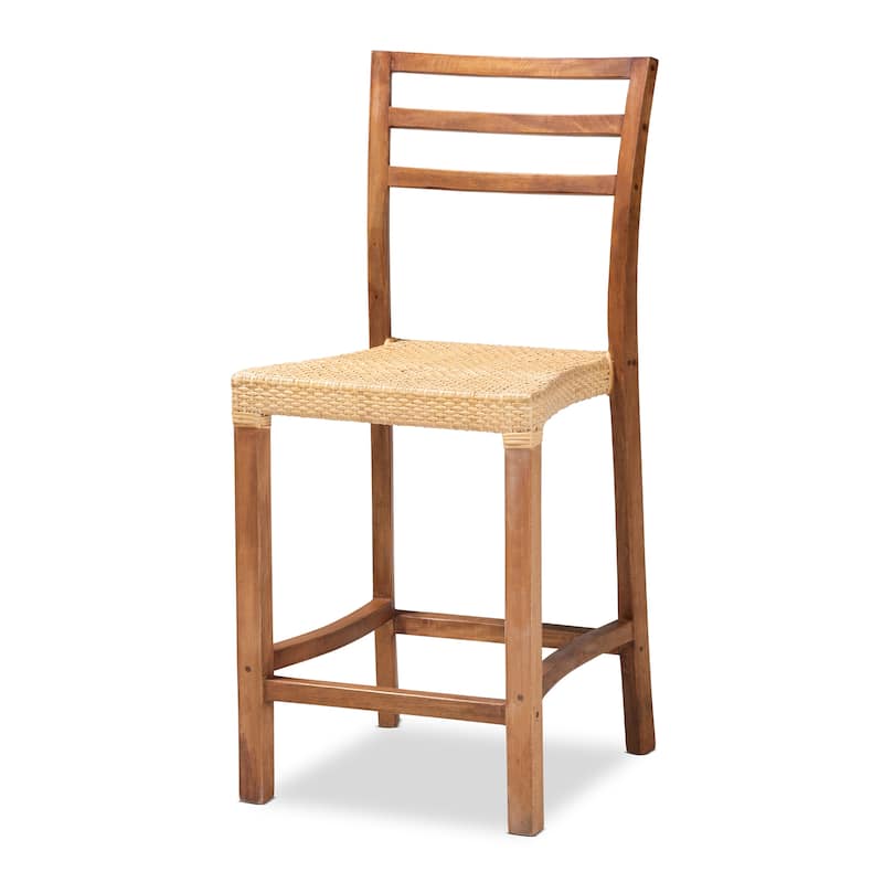 Arthur Mid-Century Wood & Natural Rattan Counter Stool - Natural Brown, Walnut Brown