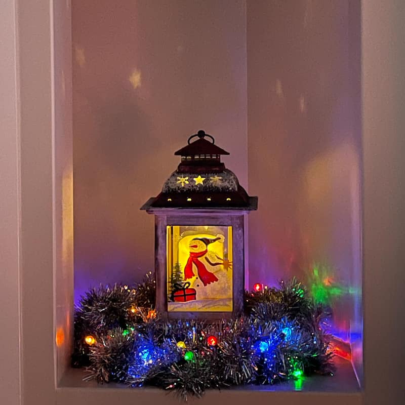 14.5" Red White Snowman Holiday Scene Christmas Pillar Candle Lantern