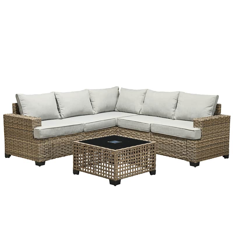 OVIOS 6 Pieces T shaped Seat Wide Armrest Set With Solar-Powered Coffee Table