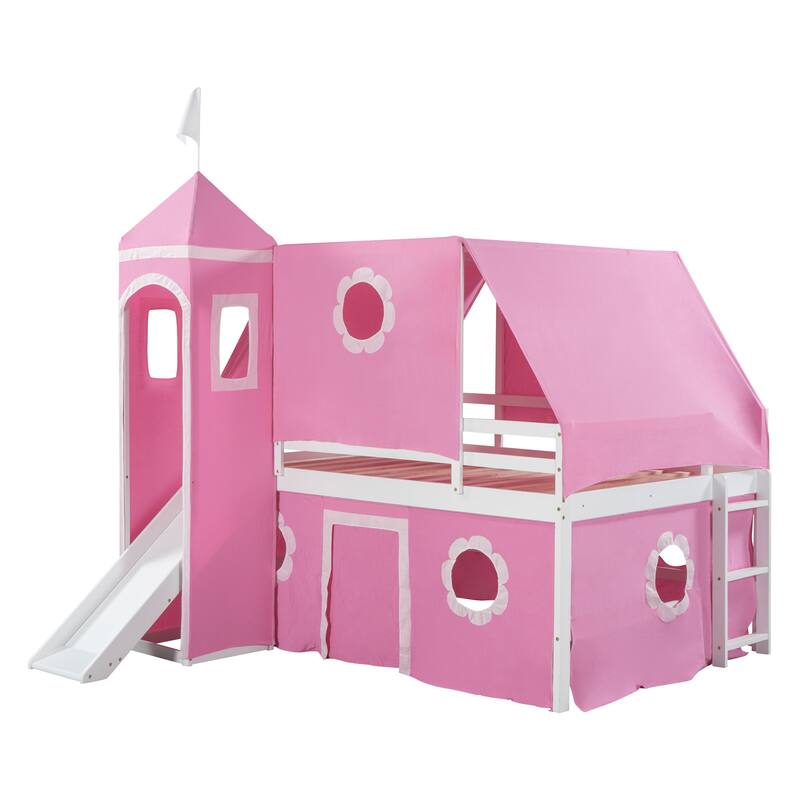 Castle Frame Bed Wood Loft Bed Loft Bed Convertible To Mini Playground with Pink Tent and Tower, Child Bed Tent