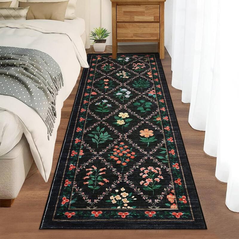 Vintage Floral Washbale Floor Cover Area Rug for Bedroom, Living Room, Black - 1'6" x 2'6"