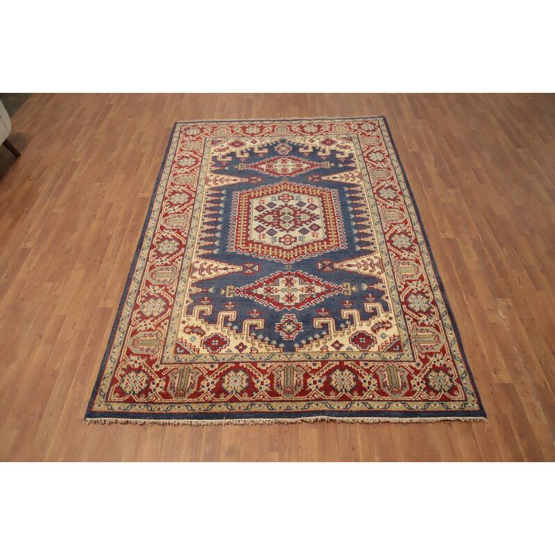 Hand Knotted Oriental 100% Wool Carpet Traditional Geometric Navy Blue & Blues Viss Area Rug - 8' 10'' X 5' 11''