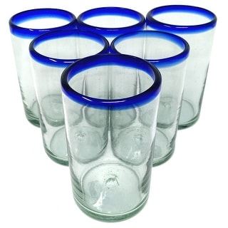 Dos Sueños Hand Blown Mexican Drinking Glasses - Set of 6 Glasses with Cobalt Blue Rims (14 oz each)