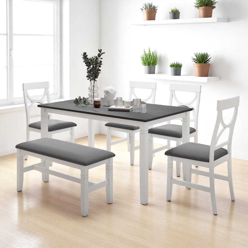 Rustic 6-Piece Kitchen Dining Set with Cushioned Bench and 4 Chairs, Rectangle Table, Gray + White