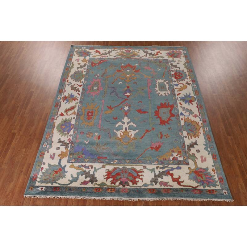 Floral Blue Oushak Indian Area Rug Handmade Wool Carpet - 9'3"x 12'0"