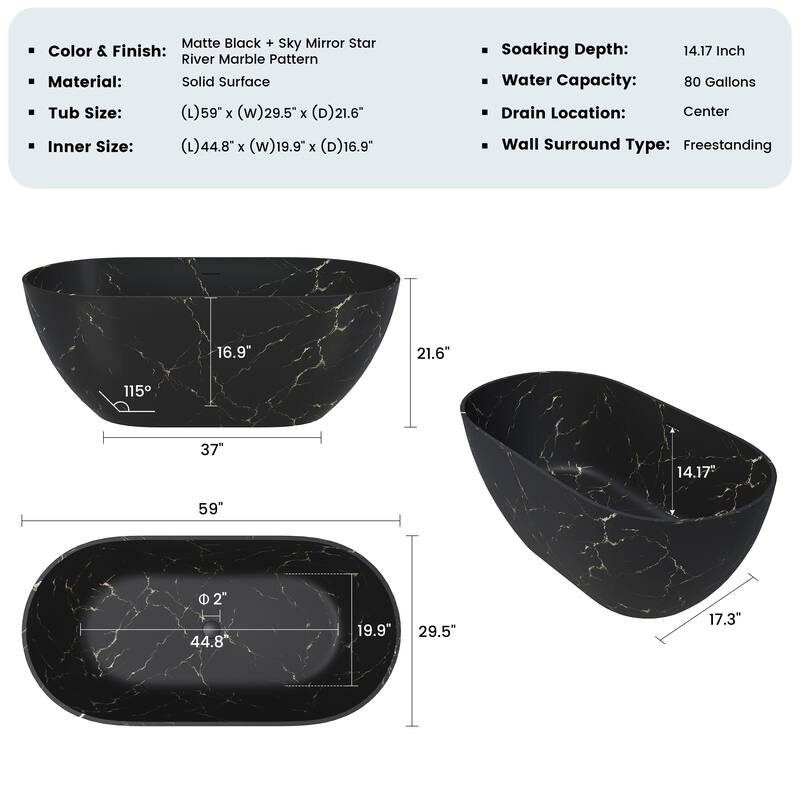 59 in Solid Surface Freestanding Soaking Bathtub in Matte Black with Sky Mirror Star River Marble Pattern, Center Drain