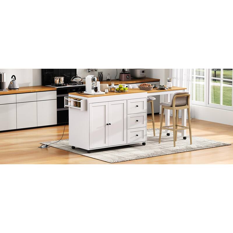 Roomfitters 74.8" Rolling Kitchen Island with Extendable Dining Table, Mobile Cart with Power Outlet, 3 Drawers & Racks