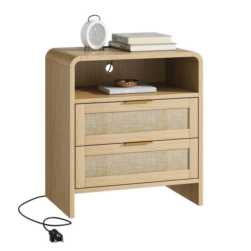 22.8" Rattan Nightstand with Charging Station, 2 Drawers & Open Shelf, Curved Modern Bedside Table
