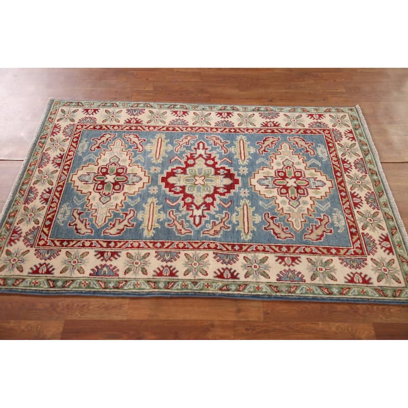 Blue Geometric Kazak Oriental Accent Rug Handmade Wool Carpet - 3'4"x 5'0"