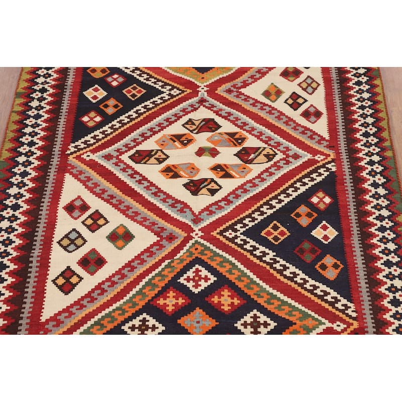 Vegetable Dye Geometric Kilim Qashqai Persian Vintage Wool Carpet - 4'10"x 8'1"