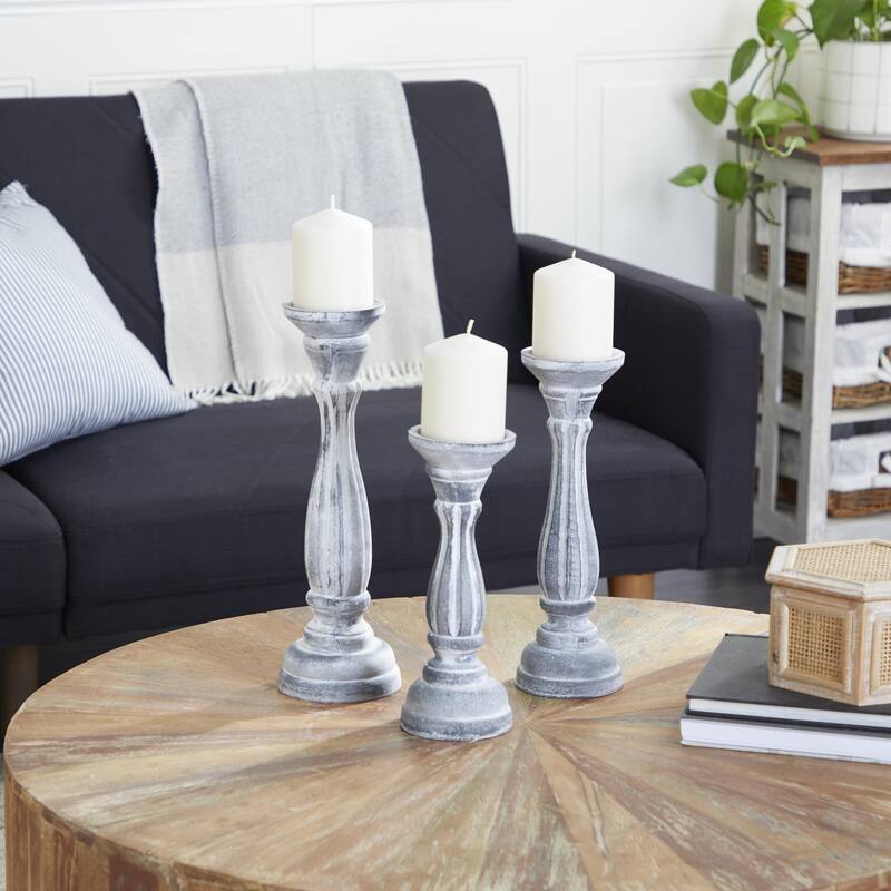 Wooden Distressed Turned Decorative Candle Holder - Set of 3 Gray, Brown, Blue, Green - Roche River Decor