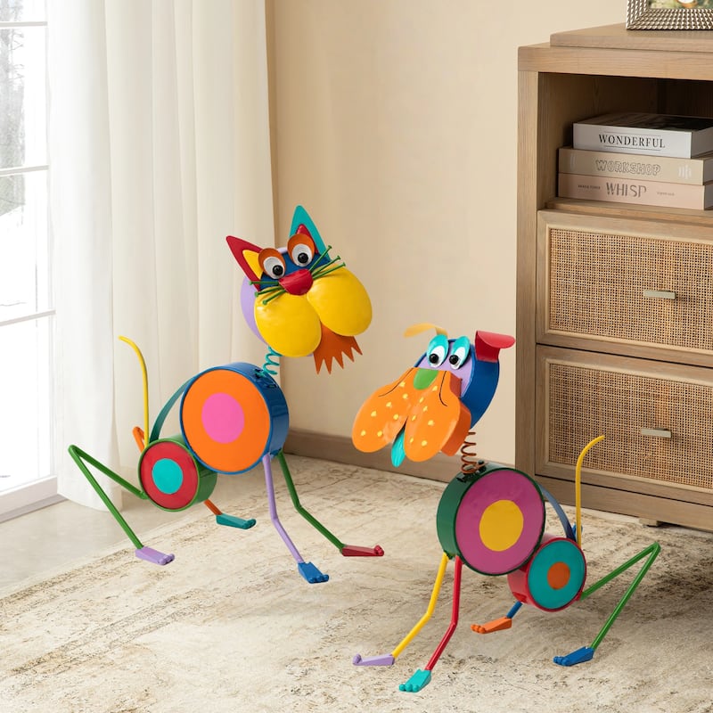 Glitzhome 17"H Novelty Puppy Dog Cat Metal Indoor Outdoor Figurine Garden Statues Fall Halloween Gift