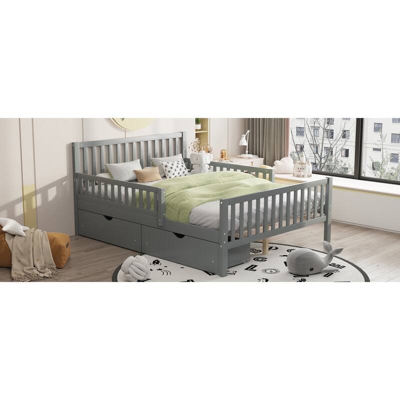 Full Size Wood Platform Bed with Guardrails and Storage Drawers, Gray