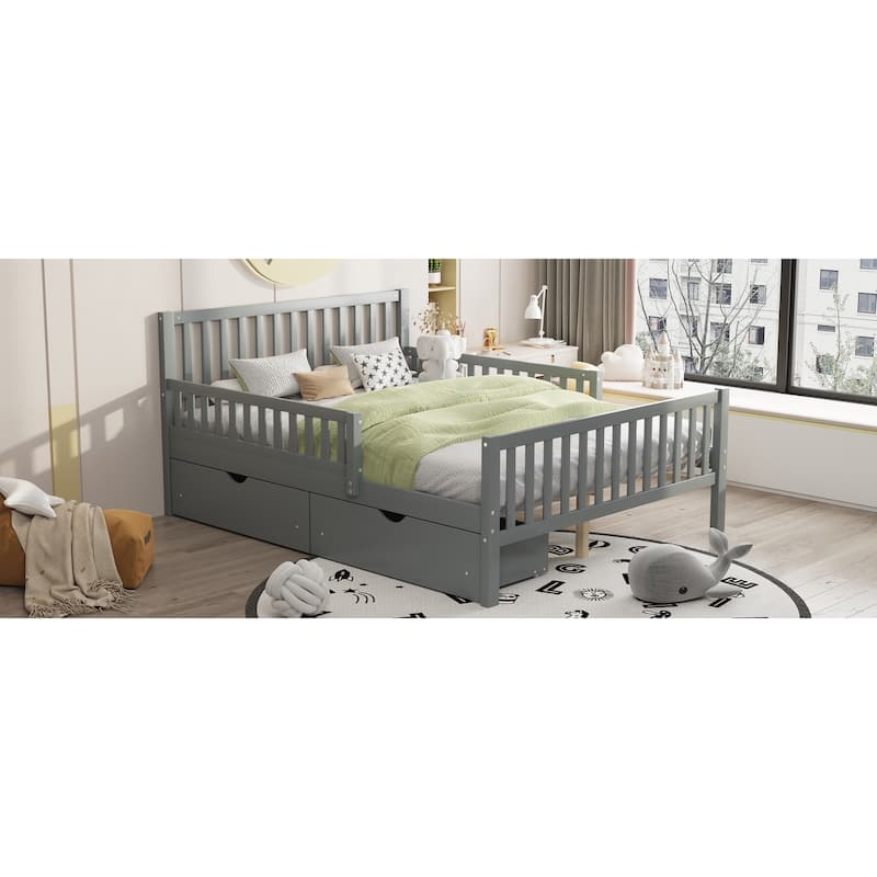 Full Size Wood Platform Bed with Guardrails on Both Sides and Two Storage Drawers, Gray