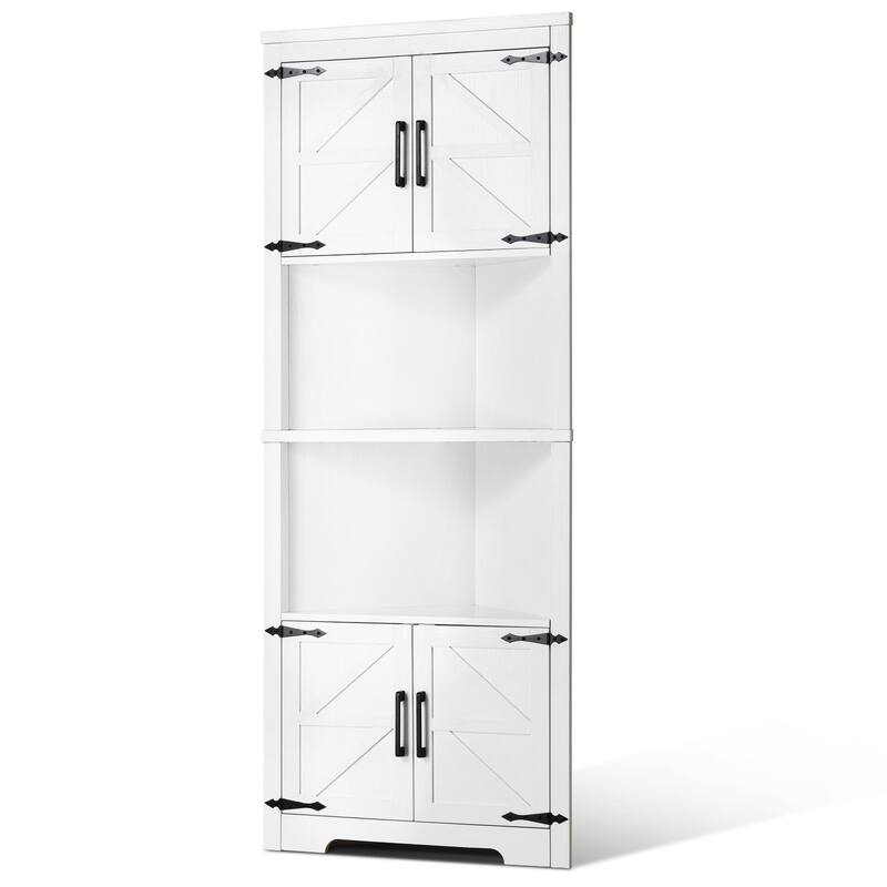 68" White Corner Storage Cabinet with 6 Adjustable Shelves and 4 Wooden Doors - 27"L x 14.2"W x 67.3"H