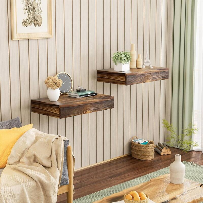 2 Packs Rustic Wood Floating Shelf with Drawer - 10.8"D x 16.7"W x 3"H