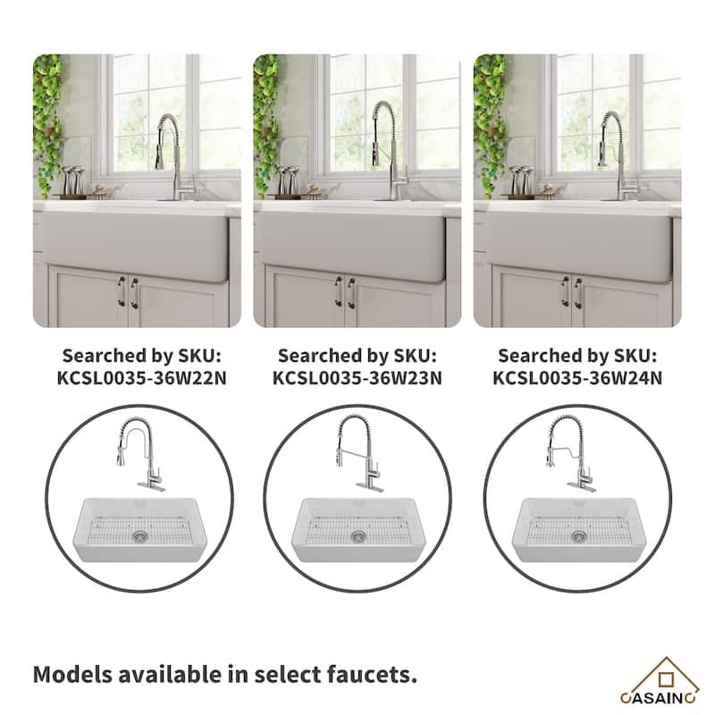 Farmhouse/Apron-Front Single Bowl Fireclay Kitchen Sink with 3-Function Pull-Down Kitchen Faucet, Grid, and Basket Strainer